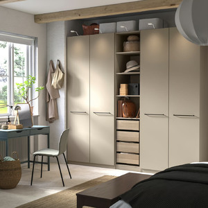 PAX / FORSAND Wardrobe combination, grey-beige/white stained oak effect grey-beige, 250x60x236 cm
