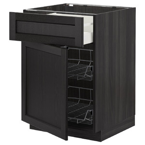 METOD / MAXIMERA Base cab w wire basket/drawer/door, black/Lerhyttan black stained, 60x60 cm