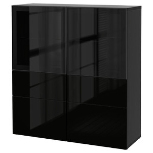BESTÅ Storage combination w/glass doors, black-brown, Selsviken high-gloss/black, clear glass, 120x40x128 cm