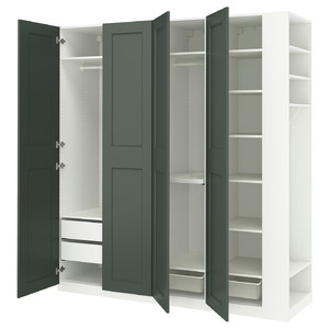 PAX / GRIMO Wardrobe combination, white grey-green/white, 220x60x236 cm