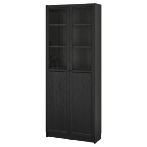 BILLY / OXBERG Bookcase with panel/glass doors, black oak effect, 80x30x202 cm