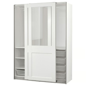 PAX / GRIMO Wardrobe with sliding doors, white/clear glass white, 150x66x201 cm
