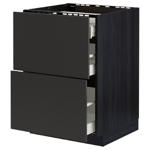 METOD / MAXIMERA Base cab f hob/2 fronts/3 drawers, black/Nickebo matt anthracite, 60x60 cm