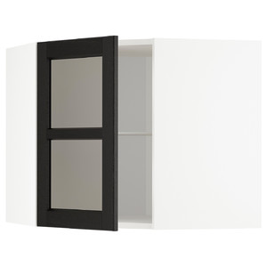 METOD Corner wall cab w shelves/glass dr, white/Lerhyttan black stained, 67.5x67.5x60 cm