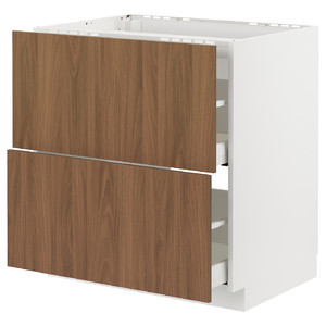 METOD/MAXIMERA Base cab f hob/2 fronts/2 drawers, white/Tistorp brown walnut effect, 80x60 cm