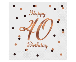 Napkins Happy 40 Birthday, white/rose-gold, 33x33cm, 20pcs