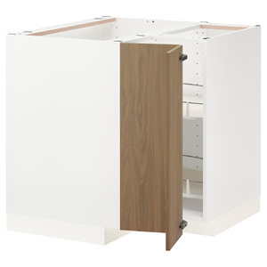 METOD Corner base cabinet with carousel, white/Tistorp brown walnut effect, 88x88 cm