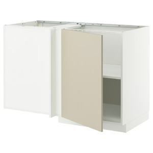 METOD Corner base cabinet with shelf, white/Havstorp beige, 128x68 cm