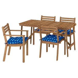 ASKHOLMEN Table+4 chairs w armrests, outdoor, dark brown/Klösan dark blue, 143x75 cm