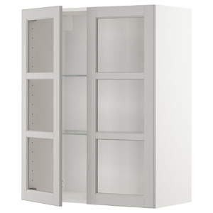METOD Wall cabinet w shelves/2 glass drs, white/Lerhyttan light grey, 80x100 cm