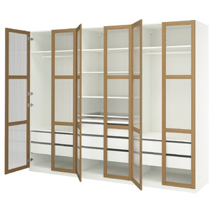 PAX / TONSTAD Wardrobe combination, white/oak veneer glass, 300x60x236 cm