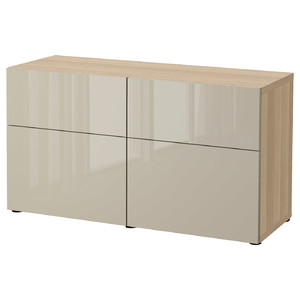 BESTÅ Storage combination with doors/drawers, white stained oak effect/Selsviken high-gloss beige, 120x42x65 cm