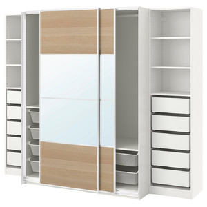 PAX / MEHAMN/AULI Wardrobe with sliding doors, white double sided/white stained oak effect mirror glass, 250x66x201 cm
