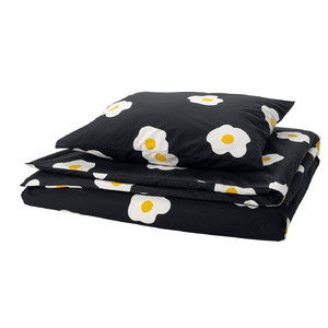 ÖGONLOCKSMAL Duvet cover and pillowcase, black/white/yellow, 150x200/50x60 cm