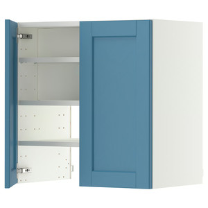 METOD Wall cb f extr hood w shlf/door, white/Lerhyttan blue, 60x60 cm