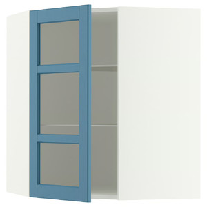METOD Corner wall cab w shelves/glass dr, white/Lerhyttan blue, 68x80 cm