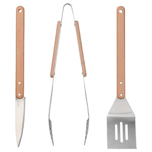 GRILLTIDER 3-piece barbecue tools set, stainless steel/beech