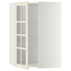 METOD Corner wall cab w shelves/glass dr, white/Bodbyn off-white, 68x100 cm