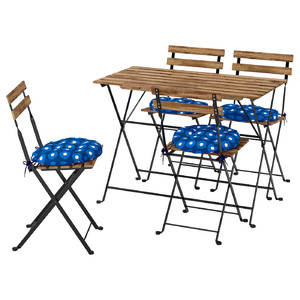 TÄRNÖ Table+4 chairs, outdoor, foldable black/light brown stained/foldable Klösan dark blue, 100x54 cm