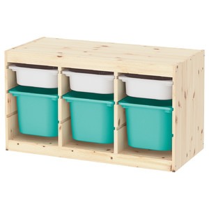 TROFAST Storage combination with boxes, light white stained pine white, turquoise, 94x44x52 cm