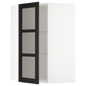 METOD Corner wall cab w shelves/glass dr, white/Lerhyttan black stained, 68x100 cm