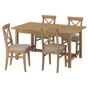 NORDVIKEN / INGOLF Table and 4 chairs, antique stain/Nolhaga grey-beige antique stain, 152/223 cm
