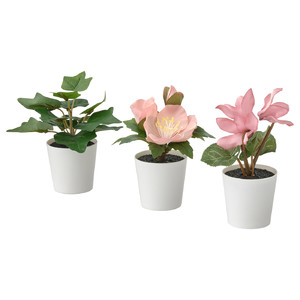 FEJKA Artifi potted plant w pot, set of 3, in/outdoor green/pink, 6 cm