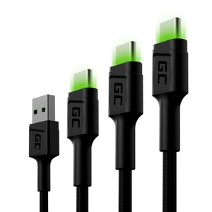 Green Cell Set 3x Ray USB-C Cable 30cm, 120cm, 200cm with green LED backlight, fast charging UC, QC 3.0