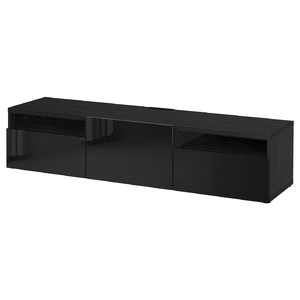 BESTÅ TV bench, black-brown/Selsviken high-gloss/black, 180x42x39 cm