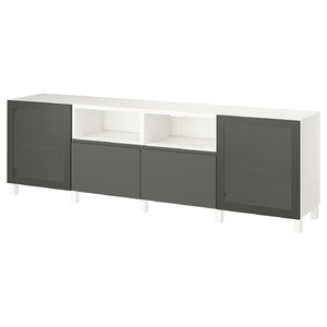 BESTÅ TV bench with doors and drawers, white Mörtviken/Västerviken/Stubbarp dark grey, 240x42x74 cm
