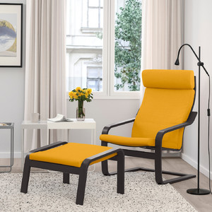 POÄNG Armchair and footstool, black-brown/Skiftebo yellow