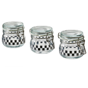 KORKEN Jar with lid, clear glass/check pattern black, 13 cl, 3 pack