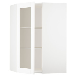 METOD Corner wall cab w shelves/glass dr, white Enköping/white wood effect, 68x100 cm