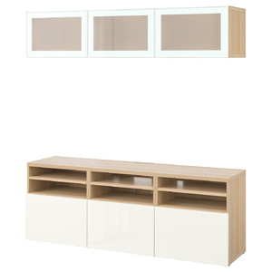 BESTÅ TV storage combination/glass doors, white stained oak effect/Selsviken high-gloss/white frosted glass, 180x42x192 cm
