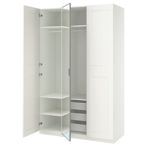 PAX / KAMMARTORP/GRIMO Wardrobe combination, white mirror glass/grey white, 150x60x236 cm
