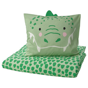 NATTHÄGER Duvet cover and pillowcase, green/crocodile, 150x200/50x60 cm