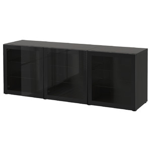 BESTÅ Storage combination with doors, black-brown/Glassvik black/clear glass, 180x42x65 cm