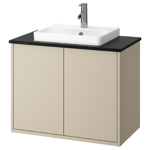 HAVBÄCK / ORRSJÖN Wash-stnd w doors/wash-basin/tap, beige/black marble effect, 82x49x71 cm