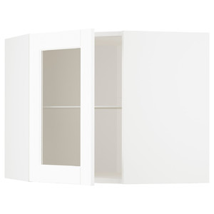 METOD Corner wall cab w shelves/glass dr, white Enköping/white wood effect, 68x60 cm