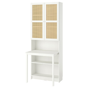BILLY / HÖGADAL Bookcase with desk, white/woven bamboo, 80x202 cm
