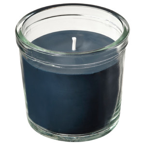 FRUKTSKOG Scented candle in glass, Vetiver & geranium/black-turquoise, 20 hr