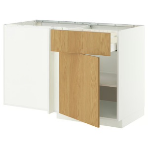 METOD / MAXIMERA Corner base cab w drawer and shelf, white/Sinarp oak veneer, 128x68 cm
