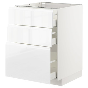 METOD / MAXIMERA Base cabinet with 3 drawers, white, Voxtorp high-gloss/white, 60x60 cm