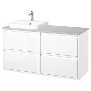 ÄNGSJÖN / BACKSJÖN Wash-stand/wash-basin/tap, high-gloss white/grey stone effect, 122x49x71 cm