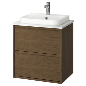 ÄNGSJÖN / BACKSJÖN Wash-stnd w drawers/wash-basin/tap, brown oak effect/white marble effect, 62x49x71 cm