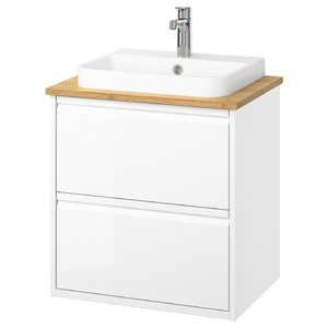 ÄNGSJÖN / BACKSJÖN Wash-stnd w drawers/wash-basin/tap, high-gloss white/bamboo, 62x49x71 cm