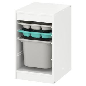 TROFAST Storage combination with box/trays, white grey/turquoise, 34x44x56 cm