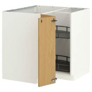 METOD Corner base cabinet with carousel, white/Sinarp oak veneer, 88x88 cm