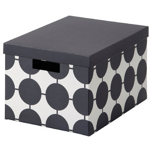 TJENA Storage box with lid, white black/dotted, 25x35x20 cm
