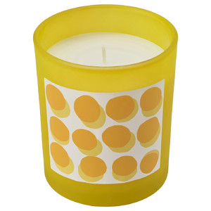 SVARTOXBÄR Scented candle in glass, Mimosa/yellow, 45 hr